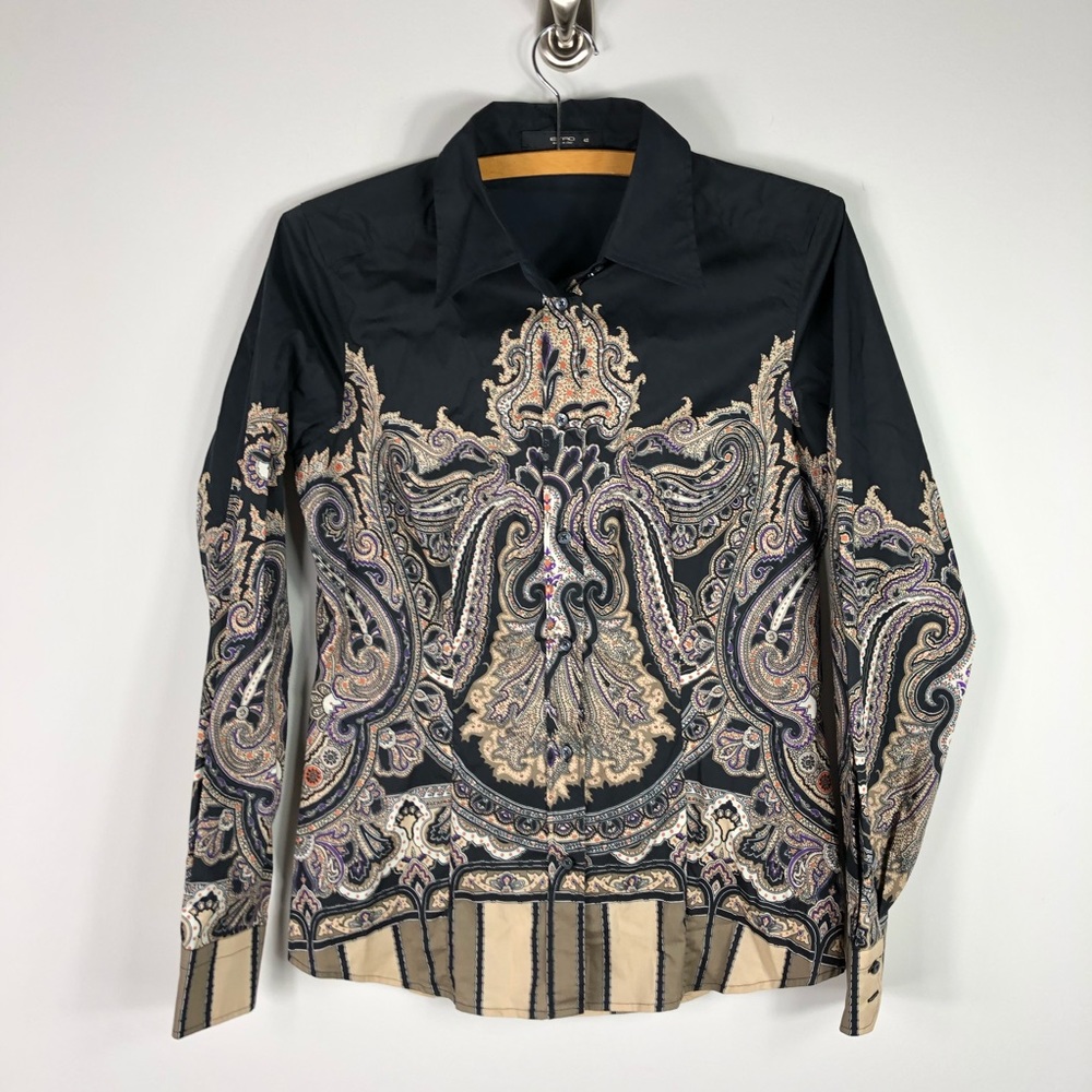 Etro Button Up Cotton Blouse Black Tan Pattern 42